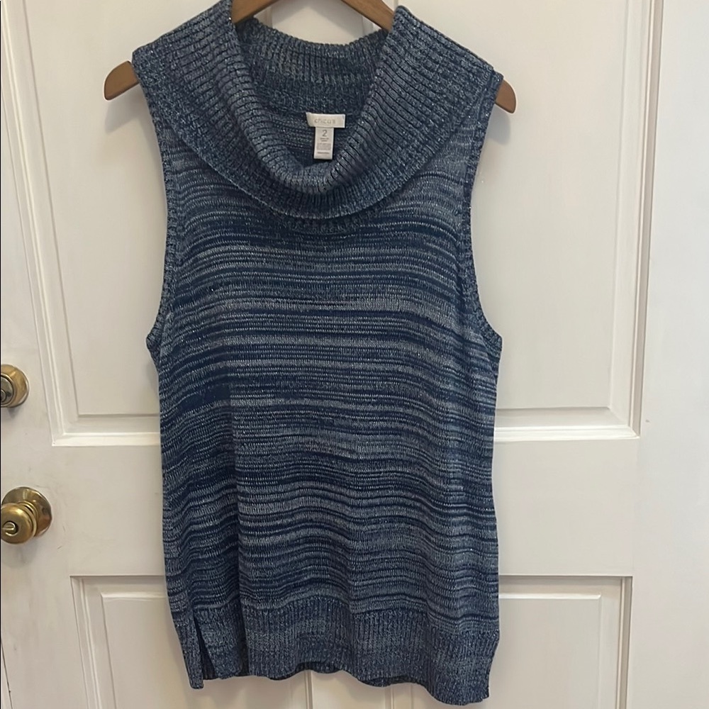 Chico's Blue metallic Sleeveless Cowl Neck Sweater